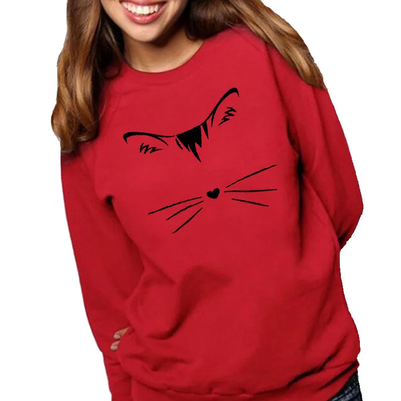 

Women Hoodie Cute Cat Face Printed Hoodies Women Fleece Long Sleeve O Neck Loose Sweatshirt Girls Pullovers Winter