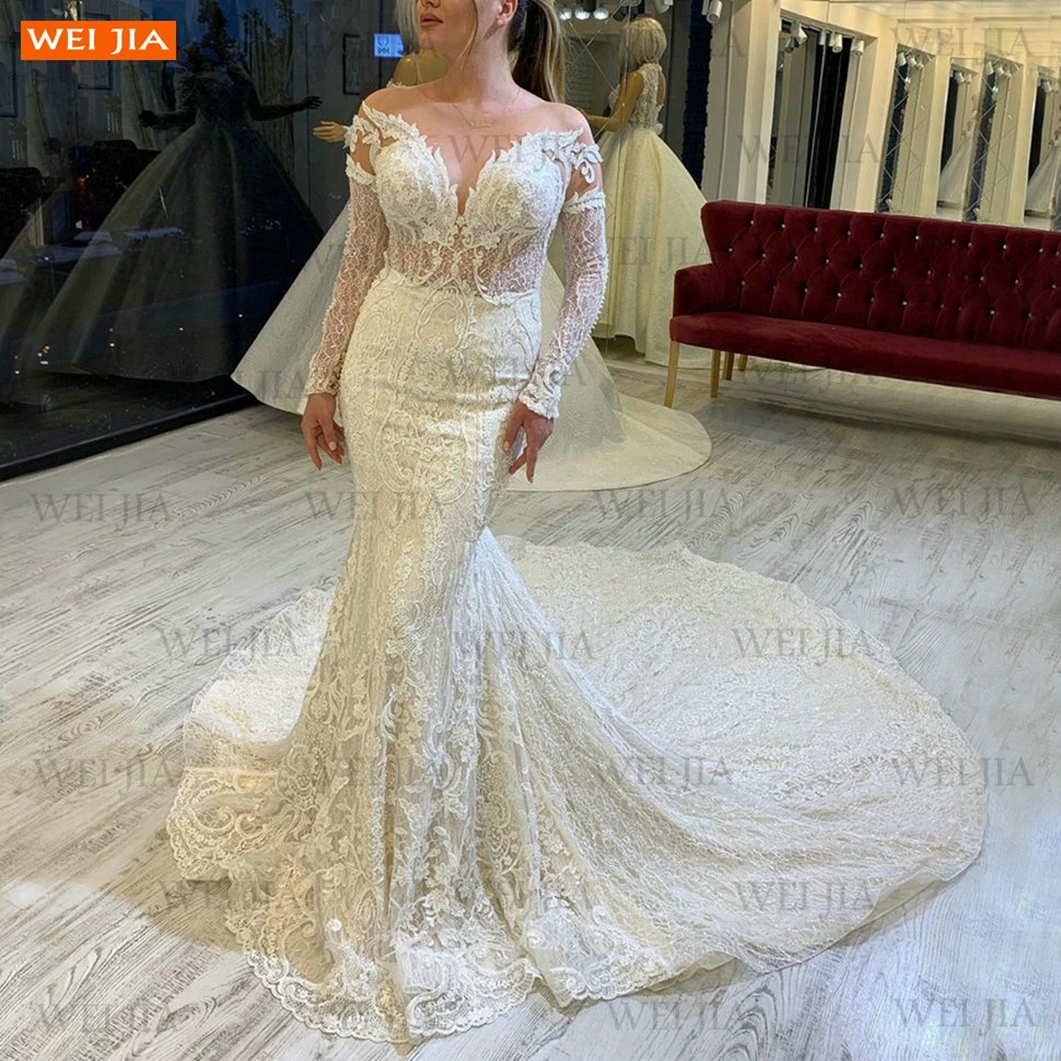 

Lace Mermaid Wedding Dresses Long Sleeves O Neck Vestido De Noiva 2021 Slim Fit Bridal Gowns Women Court Train Vestido Casamento