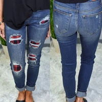 denim women autunm printed inlay new fashion elegant trousers slimming patchwork jeans