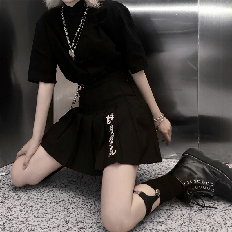 Женская готическая мини-юбка Harajuku черная уличная мода винтажная школьная юбка с