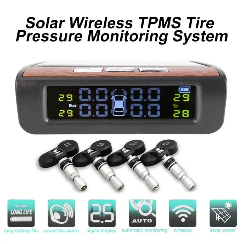 AN-06 Солнечный ЖК-дисплей автомобиля TPMS Авто Система контроля давления в шинах датчик температуры шин с 4 датчиками Высокоэффективная солнечная панель