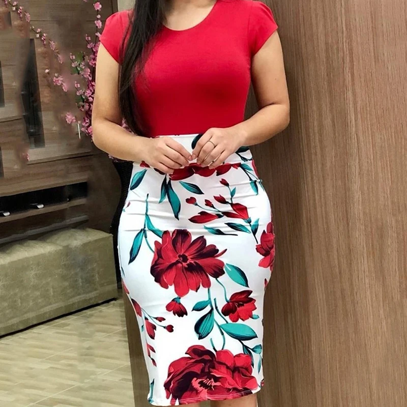 

Summer Short Sleeve Knee-Length Sexy Package Hip Party Dresses Fashion Women Elegant Stripes Print Pencil Dress