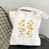 2021 shopper yellow cosmos flowers printed tote bag women harajuku shopper handbag girl shoulder shopping bag lady canvas bag