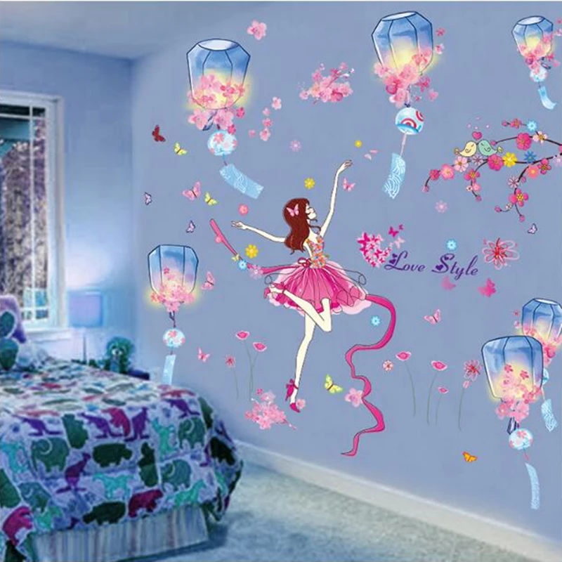 

[SHIJUEHEZI] Kong Ming Lantern Wall Stickers DIY Girl Dancer Mural Decals for Living Room Bedroom Home Decoration Accessories