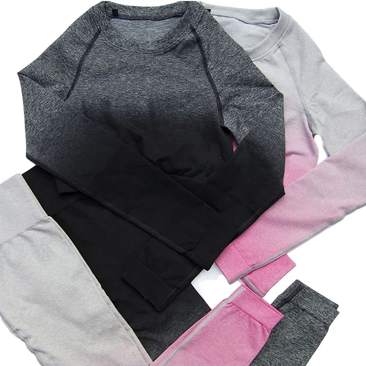 

Women's Seamless Yoga 2Pcs Tracksuits Set Gym Crop Top Workout Athletic Long Sleeve Shirt & Yoga Pants 2 Pieces Suits Long Pants