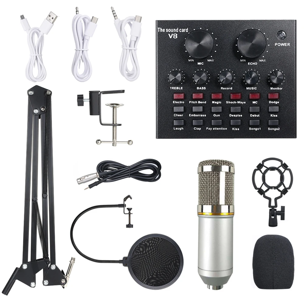 Multifunctional Live Sound Card & BM800 Suspension Microphone Kit Broadcasting Recording Condenser Microphone Set