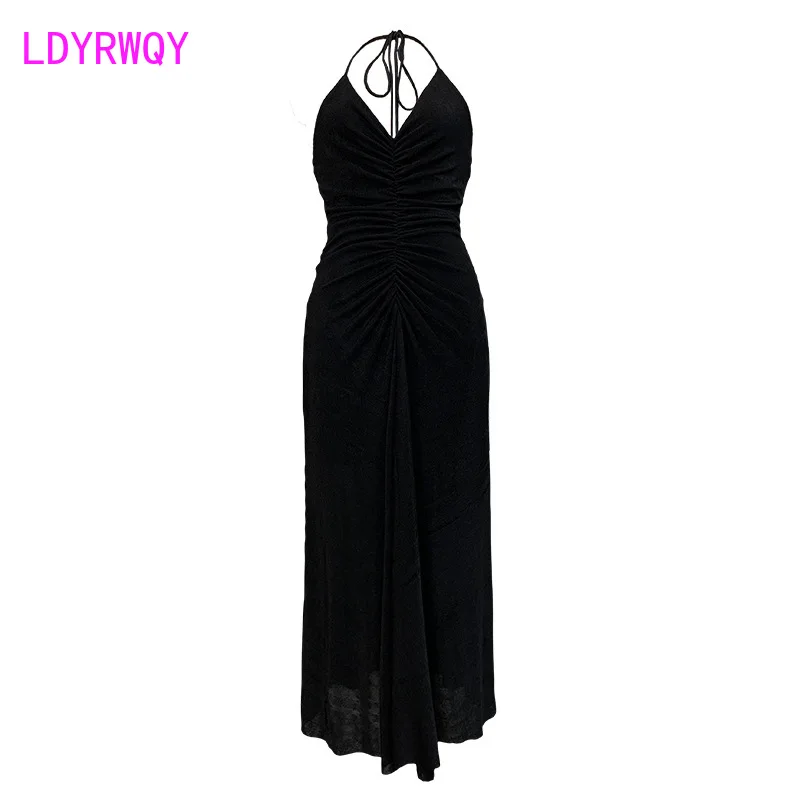 

LDYRWQY 2021 summer new sexy hollow fold halter neck strap waist dress Office Lady Knee-Length