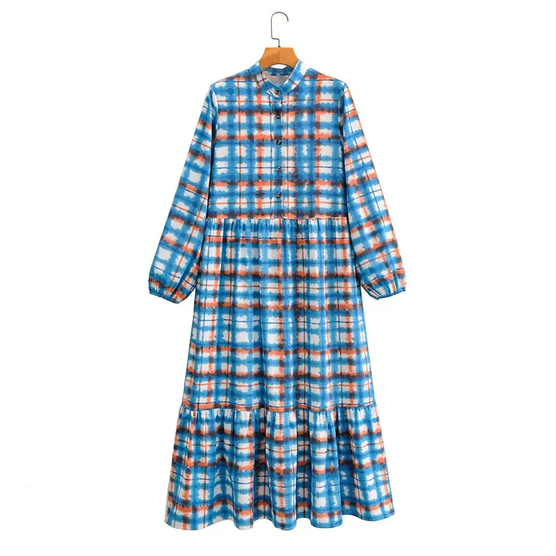 

women fashion plaid print tie-dye blue long za dresses female 2020 autumn long puff sleeve high waist loose dress femme