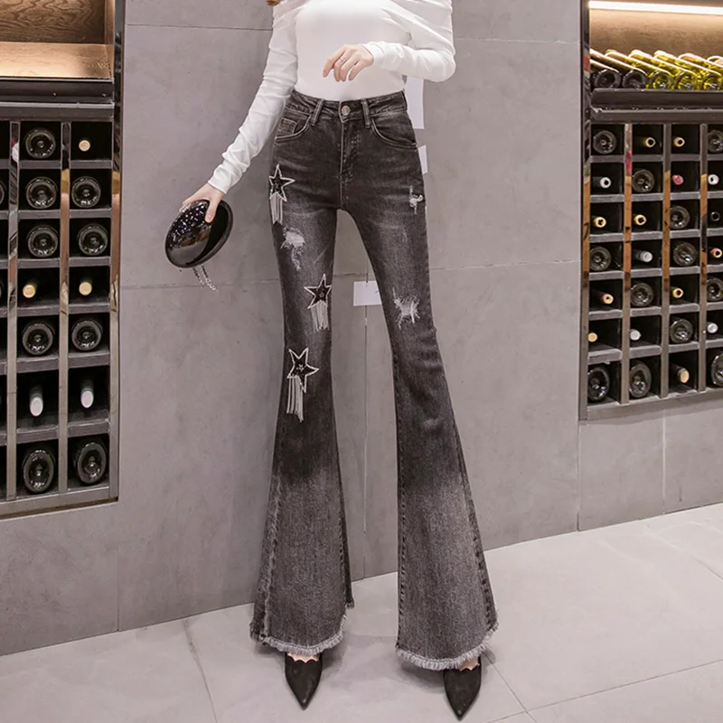 

Wide Leg Flare Pants High Waist Ladies Long Trousers 2020 Spring Patchwork Stars Tassel Jeans Pants Hole Warn Out Elegant