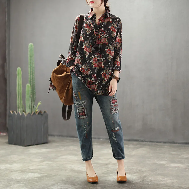 Мягкая Повседневная рубашка с длинным рукавом блузка цветочным принтом верхняя