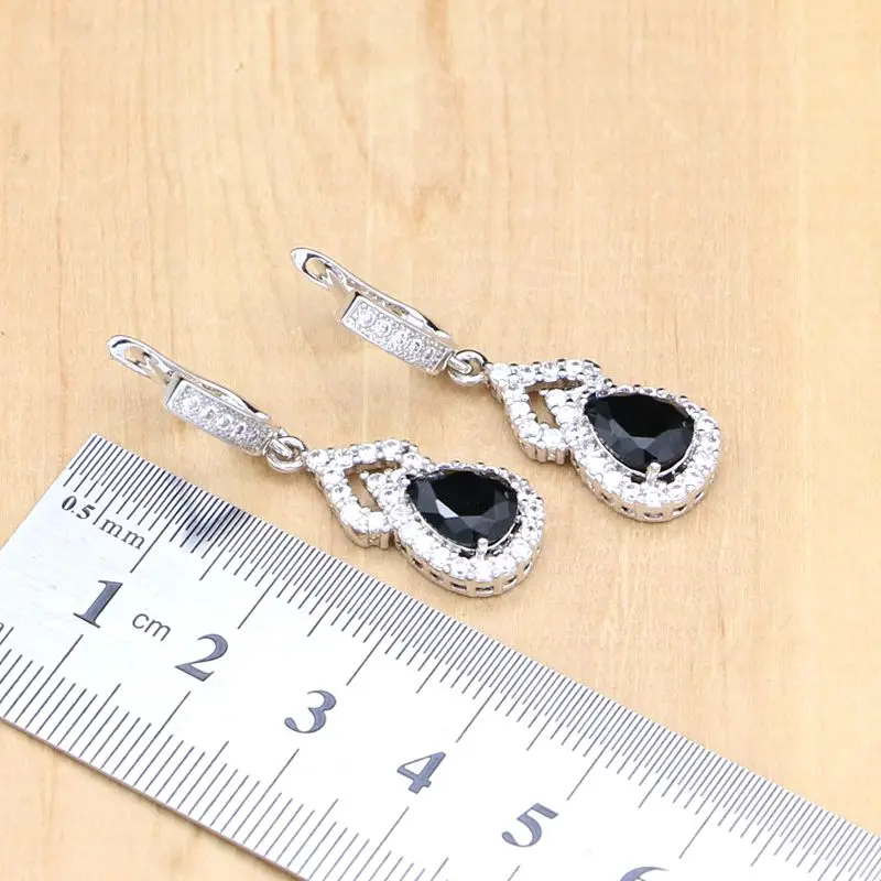 925 Silver Jewelry Black Stone White CZ Sets For Women Party Earrings Pendant Open Rings Bracelet Necklace Set | Украшения и