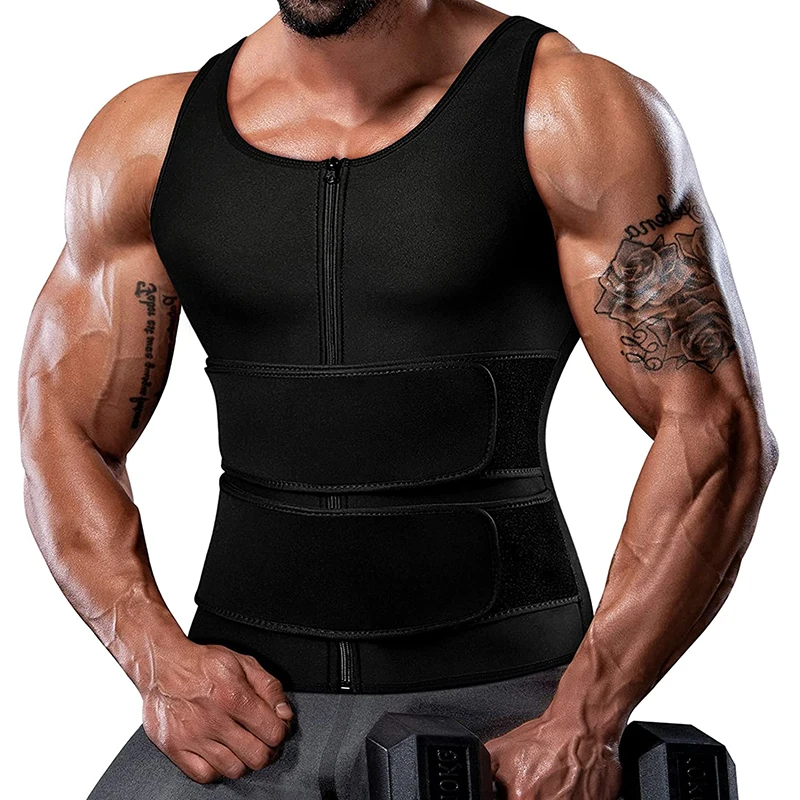

Men Neoprene Sauna Zipper Waist Trainer Sweat Vest Sauna Compression Suit Workout Tank Top Trimmer Body Shaper with Two Belt