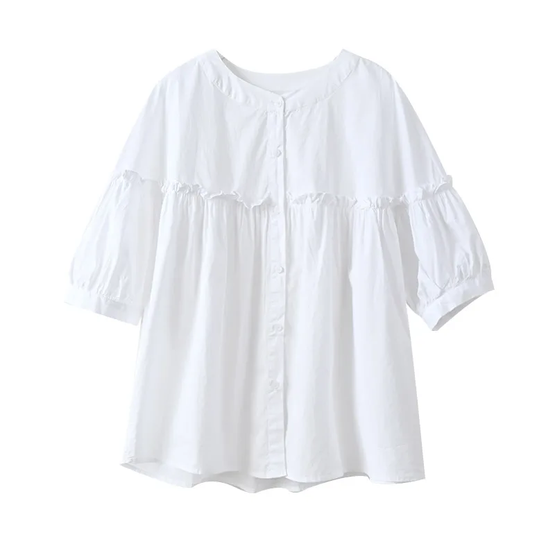 

2021 Korean Style Loose Casual Blouse Women White Ruffle Button Up Women's Blouse Patchwork Plus Size Tops Female