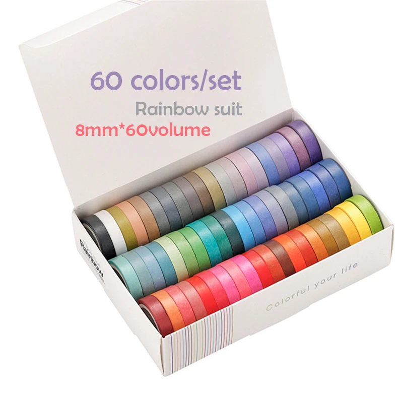 60 Pcs/BOX Basic Solid Color Washi Tape Rainbow Masking Tape Decorative Adhesive Tape Sticker Scrapbook Diary Stationery