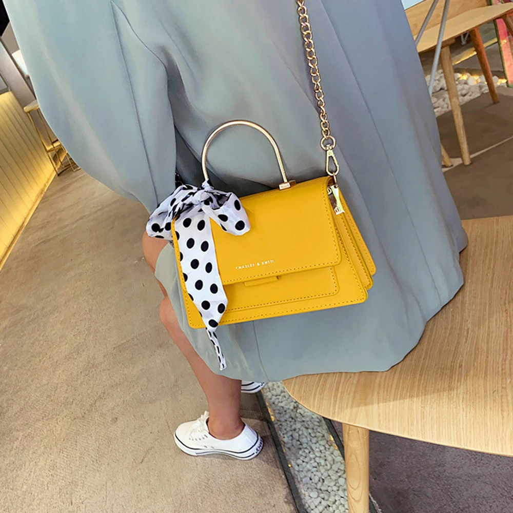 

1 Pcs Fashion Women Ribbon Handbag PU Leather Chain Shoulder Messenger Bag Wild Solid Color Covered Tote Pouch