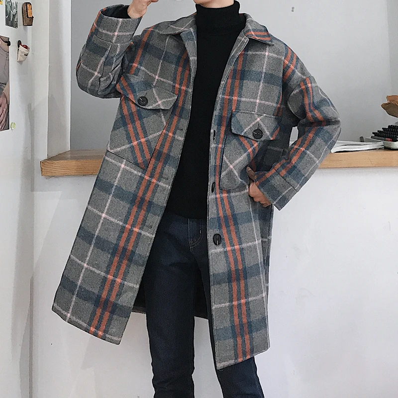 Винтажная длинная Клетчатая Шерстяная куртка верхняя одежда мужская уличная в