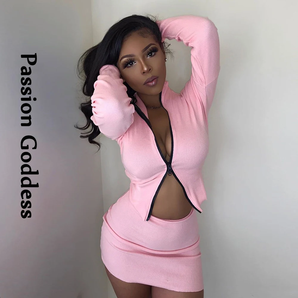 

Милые сексуальные женские 2 шт ребристые наборы розового цвета с длинным рукавом на молнии рубашки кардиганы с высокой талией Облегающие юб...
