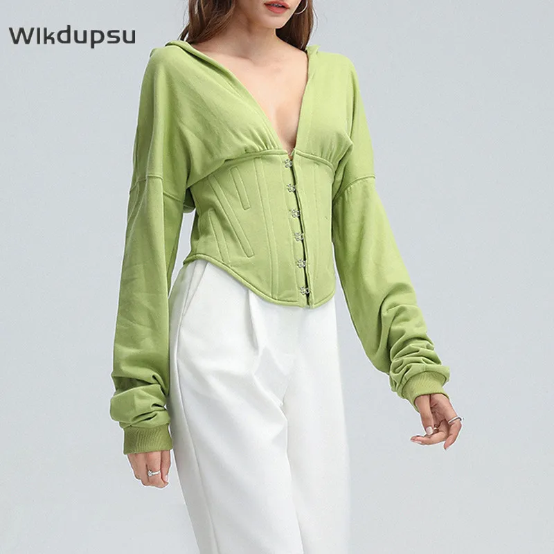 

2021 New Fashion Runway Luxury Brand Designer Casual Sexy Hoodies Women Cotton Hooded Sweatshirt Slim Fit Short Coat Shaperwear