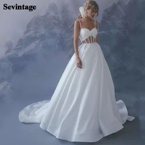 Sevintage Boho Glitter Wedding Dresses Spaghettic Straps Sweetheart Bride Gown A-Line Sleeveless Backless Wedding Dress