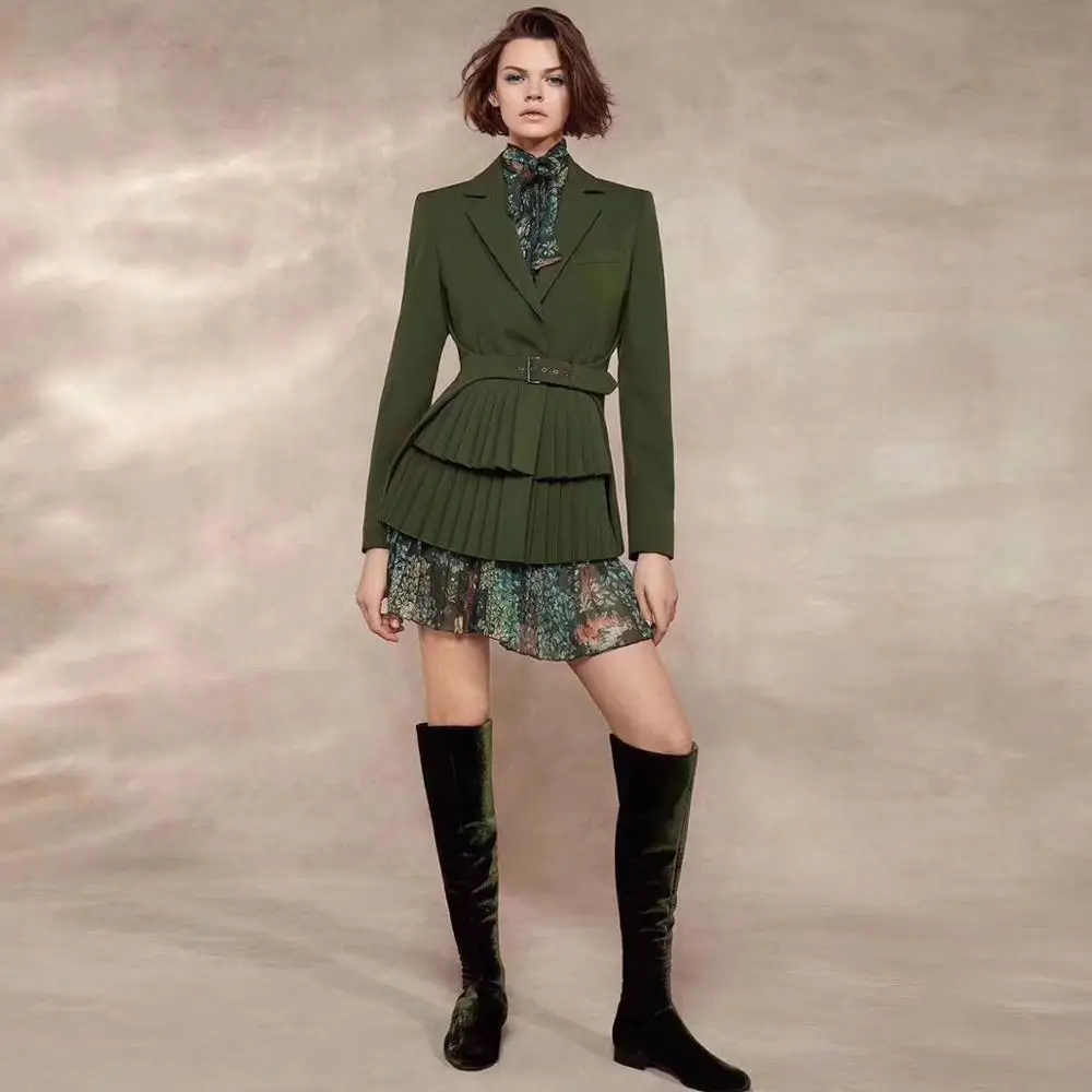 

Женское свободное кружевное плиссированное платье, зеленое облегающее платье с поясом и принтом, 2020