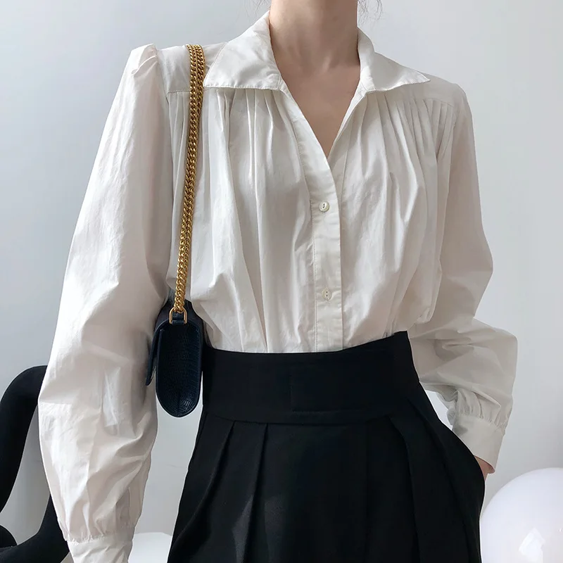 

2020 Solid White Blouse Women Cotton Blusas Mujer Autumn New Vintage Pleated Loose Shirt Casual OL Lapel Shirts Puff Sleeve Top