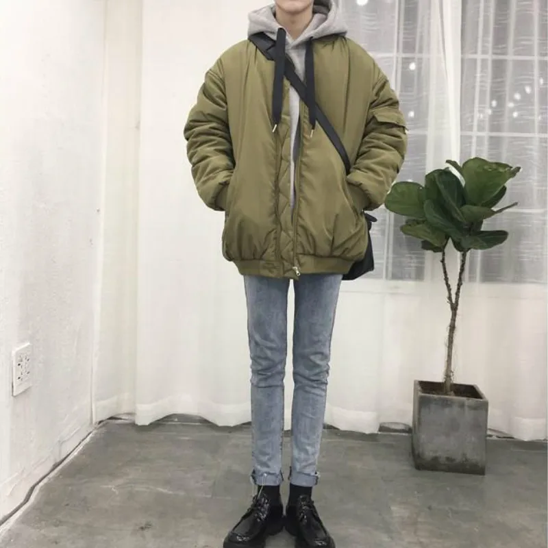 

Short Style Parkas Women Solid Pockets Couple Loose Warm Boyfriend Female Coats Simple Korean Style Fashion Basic Outwear Casual