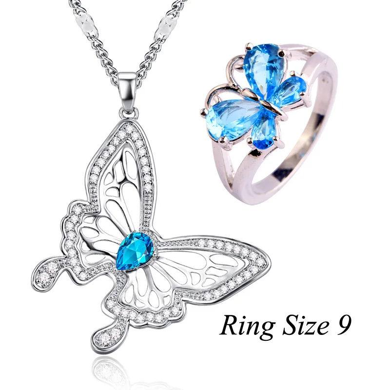 Blue-Size 9 Lingmei, новинка, модные свадебные кольца с бабочкой, синяя Радуга, циркониевое ювелирное изделие для женщин, серебряное кольцо, подвеска, ожерелье, цепь, вечерние, подарки - Окраска металла: Blue-Size 9