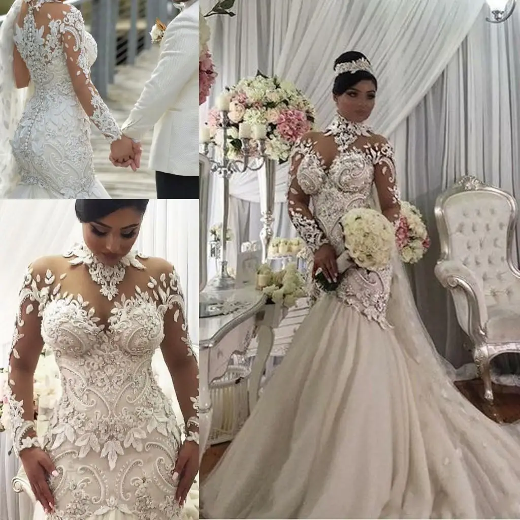 

Haute Plus Size Illusion Long Sleeve Mermaid Wedding Dresses Nigeria High Neck Full back Dubai Arabic Castle Wedding Gown