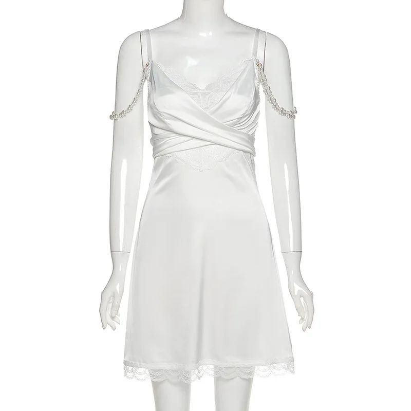 

Sexy Solid V Neck Straped Women Dress Elegant Sleeveless Lace Pearl Bandage Party Female Dresses Vestidos Fashion 2021