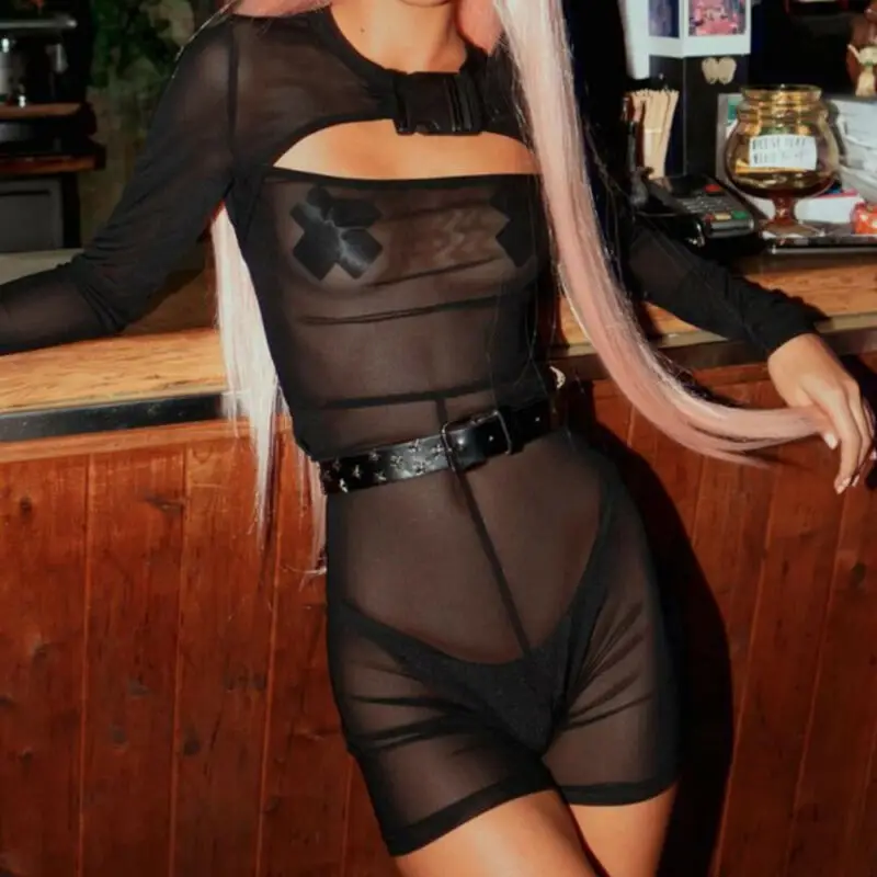 Женские пряжки шеи передняя Замочная скважина Прозрачная сетка облегающий