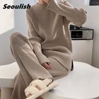 Женский трикотажный спортивный костюм Seoulish, комплект из двух предметов: свитер с высоким воротником и брюки с широкими штанинами для бега на осень и зиму