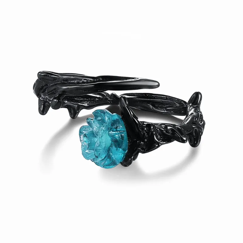 

Retro Punk Metal Men's and Women's Blue Rose Flower Open Ring Black Gold Women's Ring Jewelry Fashion Couple Ring Wholesale