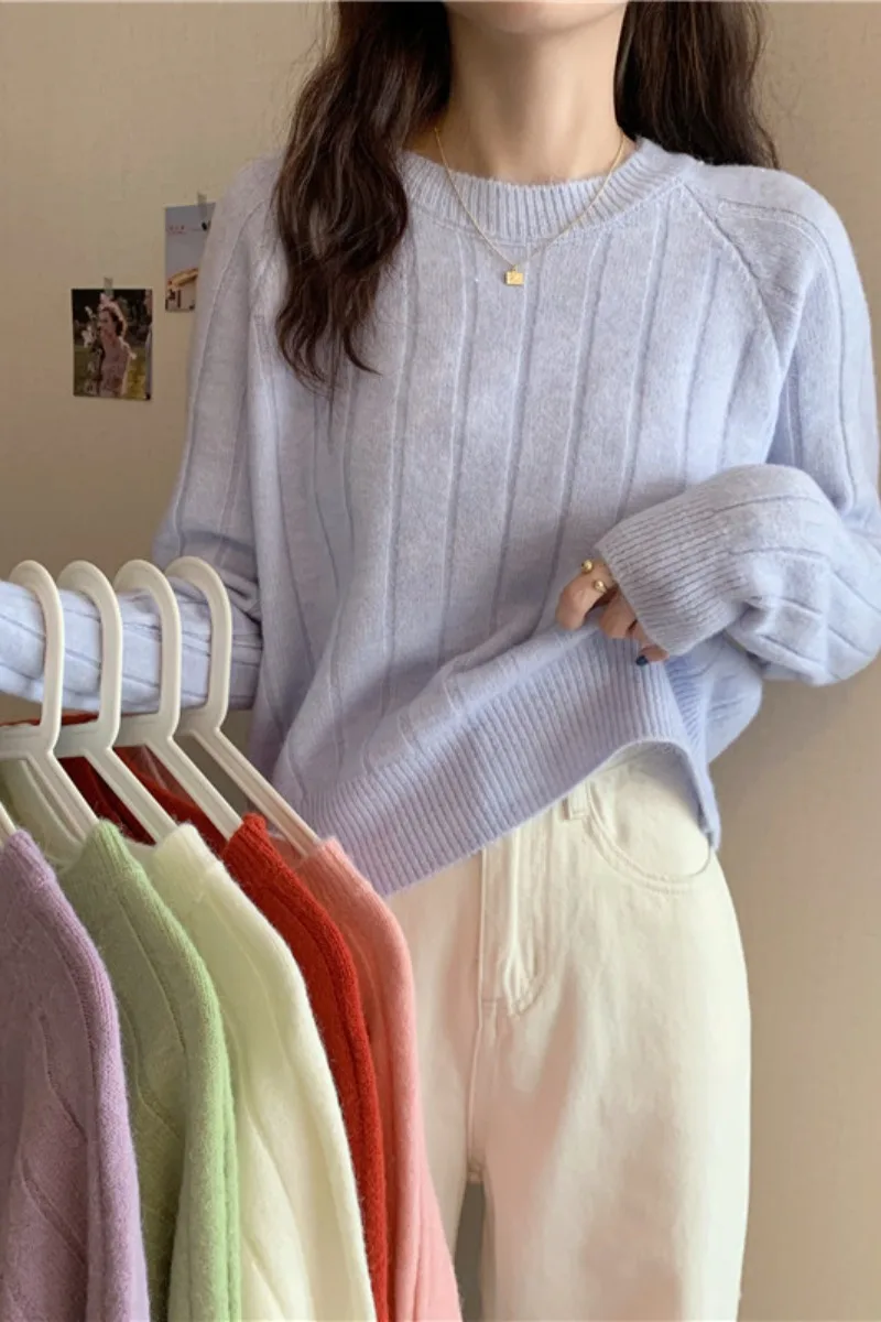 

Purple sweater women's autumn and winter New retro loose Japanese round neck short top outer long sleeve sweater