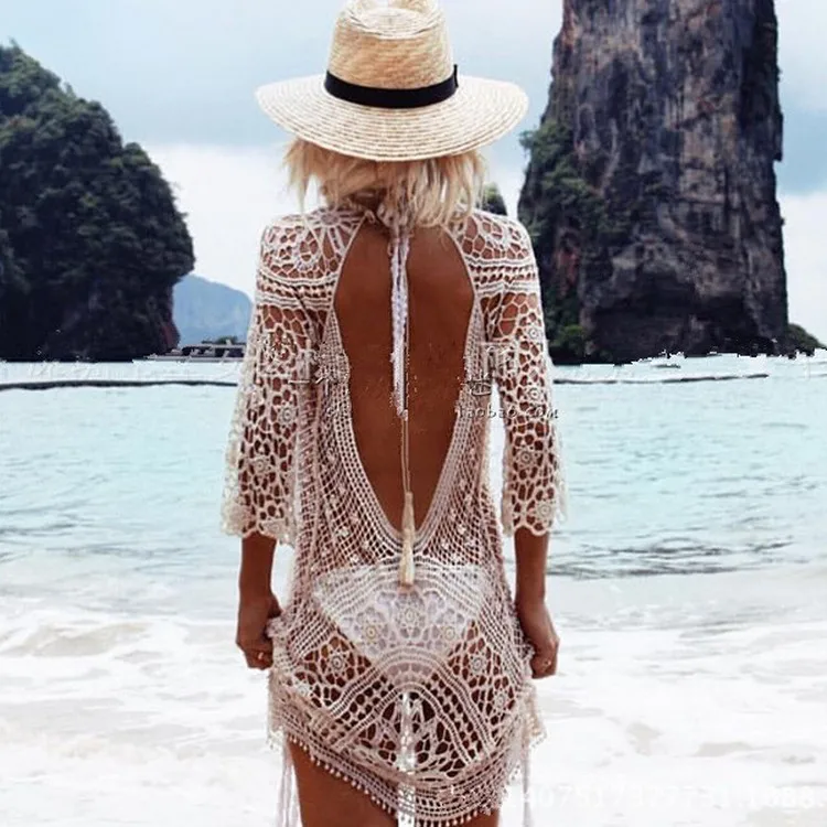 

SUMMER HOLIDAY new women sexy backless hollow out beach wear handcraft crochet knits overall long sleevesminiskirt bikini cover