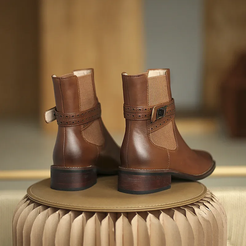 

Buckle Chelsea Boots 2020 Kid Suede Round Toe Square Heel Winter Ladies Ankle Length Shoes Handmade Med (3cm-5cm) Short Plush