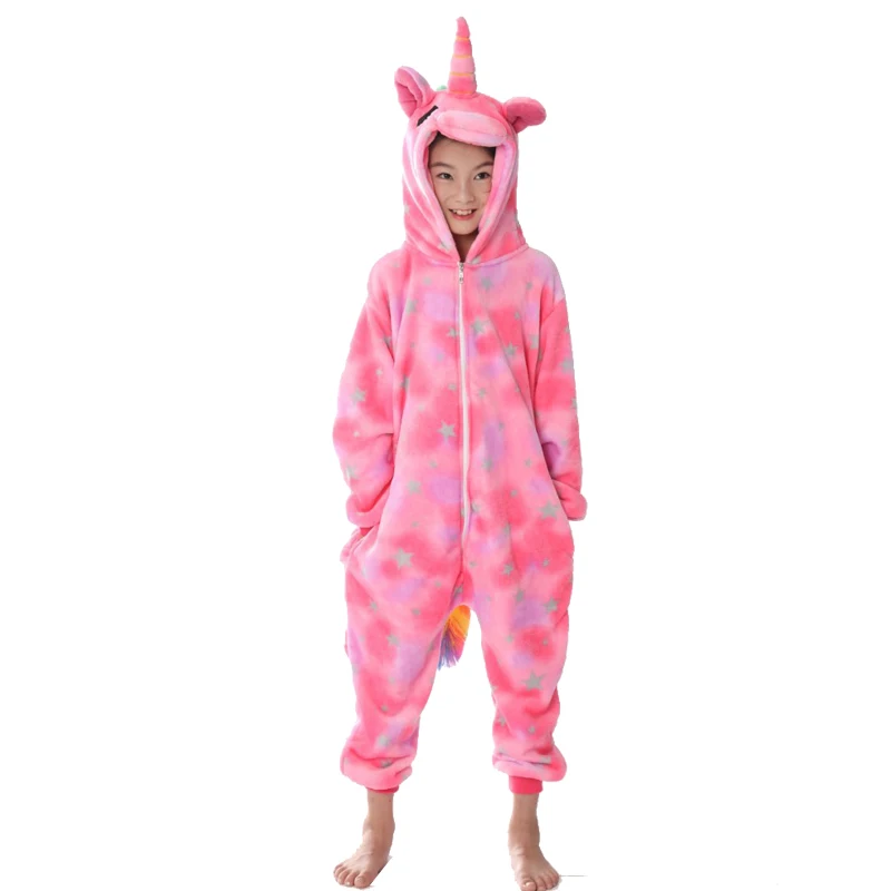 Pink star unicorn Kuguurumi/Детские пижамы для мальчиков и девочек; пижамы с единорогом; фланелевые детские пижамы; комплект одежды для сна с животными; зимние комбинезоны для детей 4-12 лет - Цвет: Pink star unicorn
