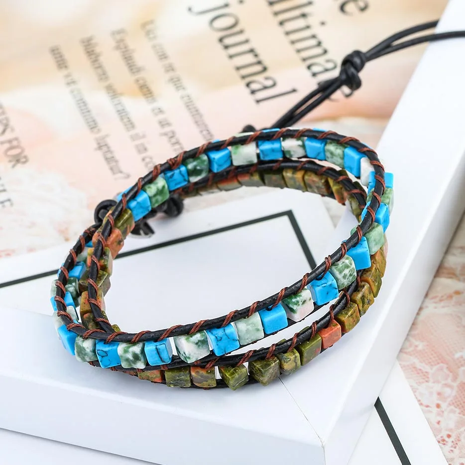 Boho Trendy Handmade Adjustable Multilayer Leather Bracelet Women Multi-color Natural Emperor Stone Bead Jewelry Chakra | Украшения и