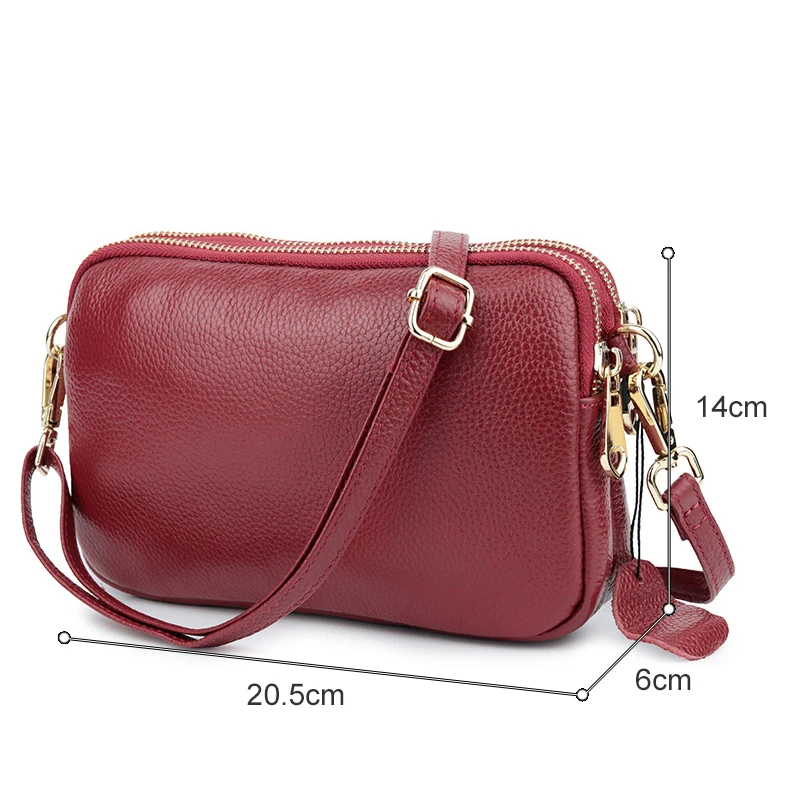 

Cowhide Women Messenger Bag Double Zipper Clutch bag Wrist band Mini Purse Small Mobile Phone Bag Genuine Leather Crossbody Bags