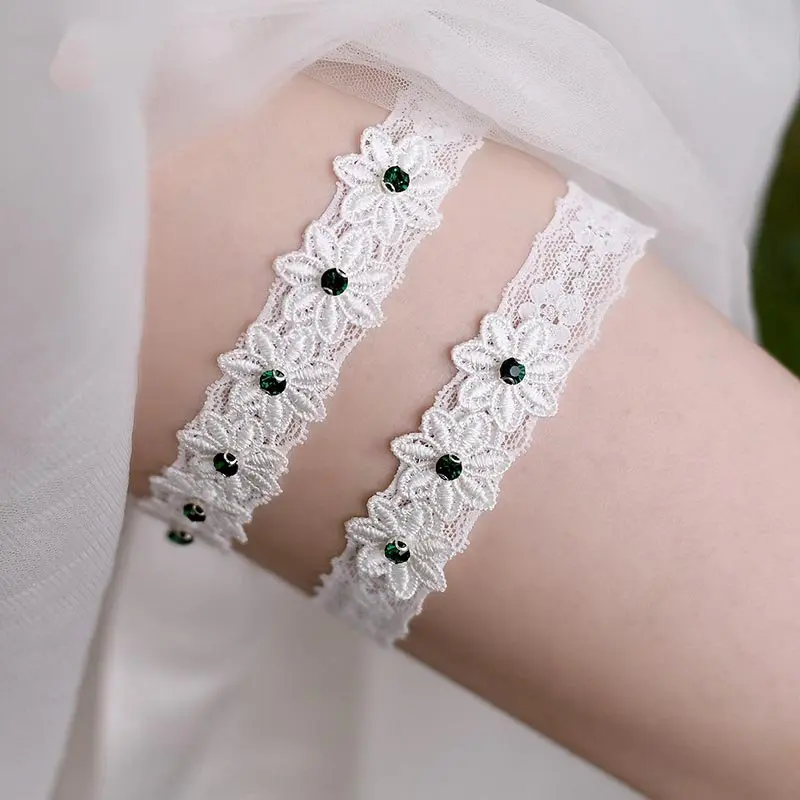 

Wedding Garter Rhinestone Embroidery Flower Green White Sexy Garters for Bride Women Girl Wedding Party Lace Floral Garter