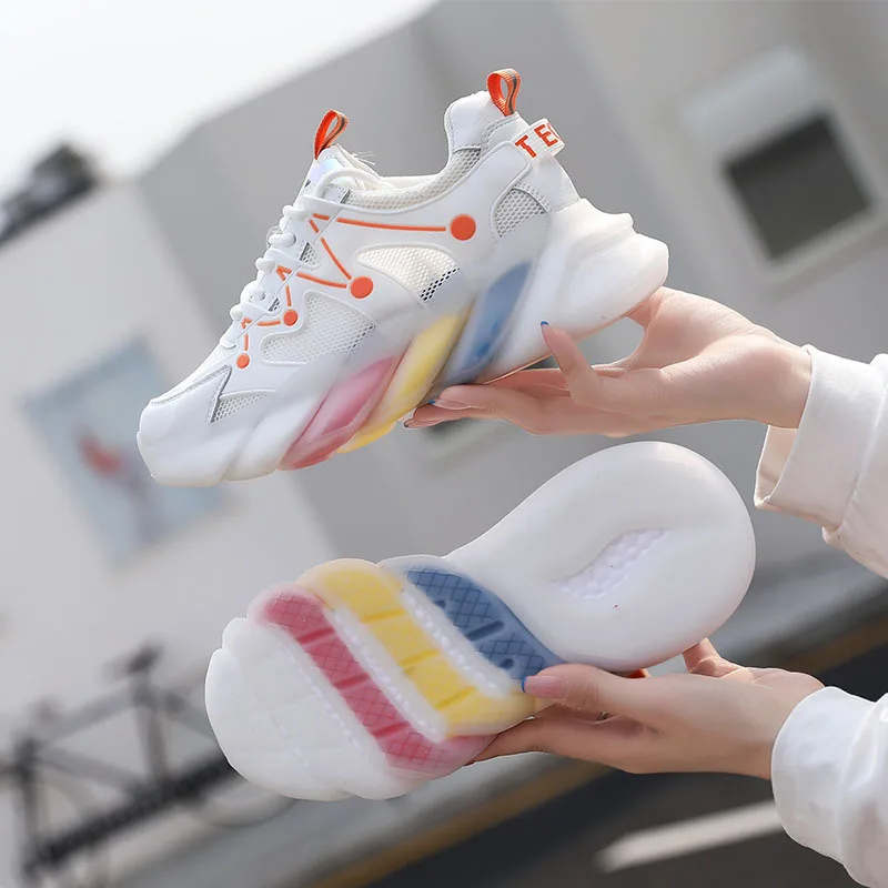 

2021 Women Shoes Fashion Spring Lady Genuine Leather Casual Sneaker Running Sport Trainer Breathable Rainbow Platform Jelly Sole