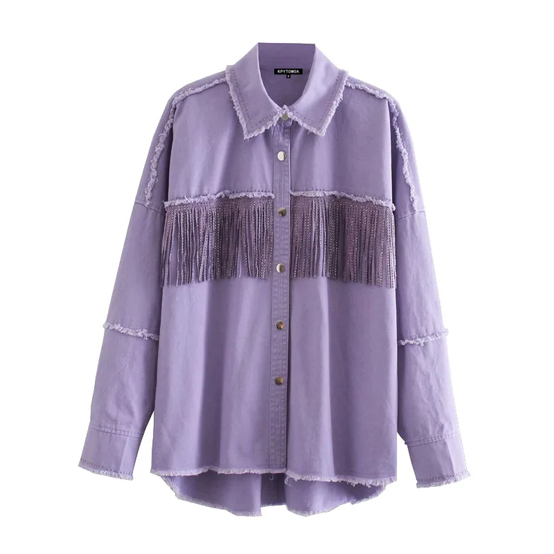 

Women Stylish Tassel Beaded Oversized Denim Jacket Coat Vintage Fashion Long Sleeve Frayed Trim Outerwear Chic Loose Tops