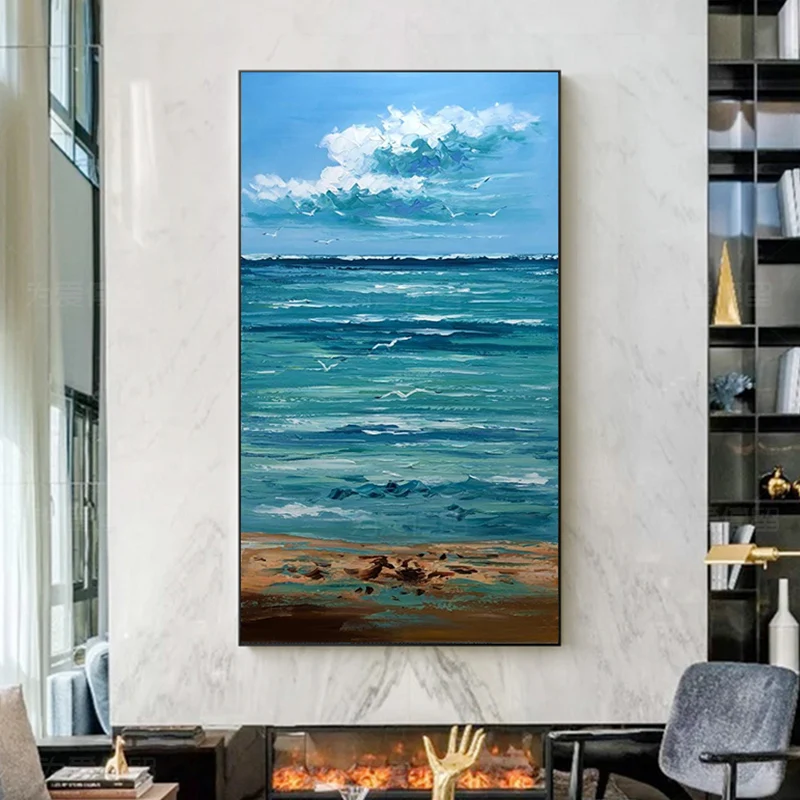 

100%Handpainted Abstract Blue Sea Beach Oil Paint On Canvas Art Oil Painting Gift Home Decor Living Room Wall Adornment Picture