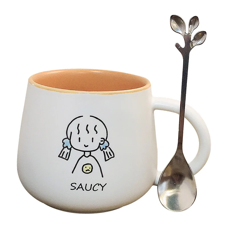 

(Promotional goods) Couples ceramic cups with lids and spoons Creative students use cute cartoon desktops simple cups.