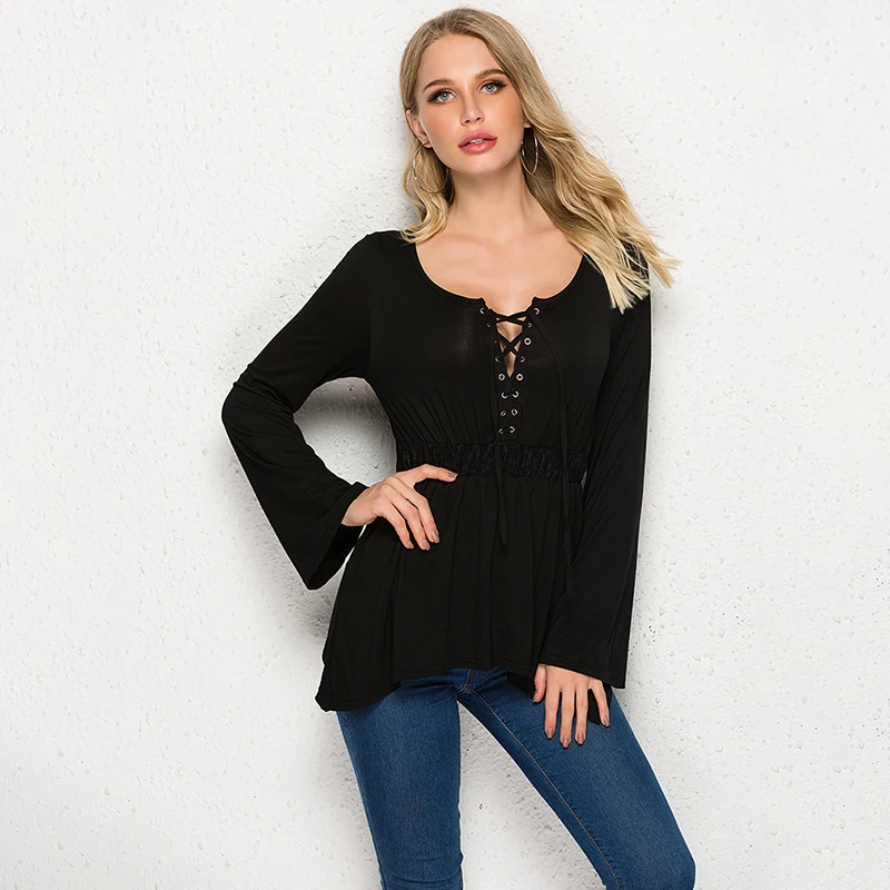 

Spring Bandage Lace Splice Blouse Women Round Neck Long Sleeve Top Female Sexy Shirt Basic Shirts Blusa