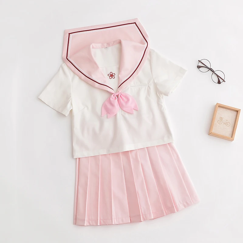 

2020 Soft Girl Japanese Sailor Suit Spring Summer Short Long Sleeve School Uniform Sweet Pink JK Uniforms XL School Girl Skirt