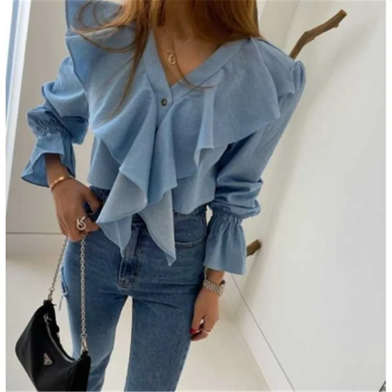 

RUGOD корейский стиль гофрированная короткая рубашка для женщин однотонный Пышный рукав женские топы Свободные шикарные женские блузки 2020