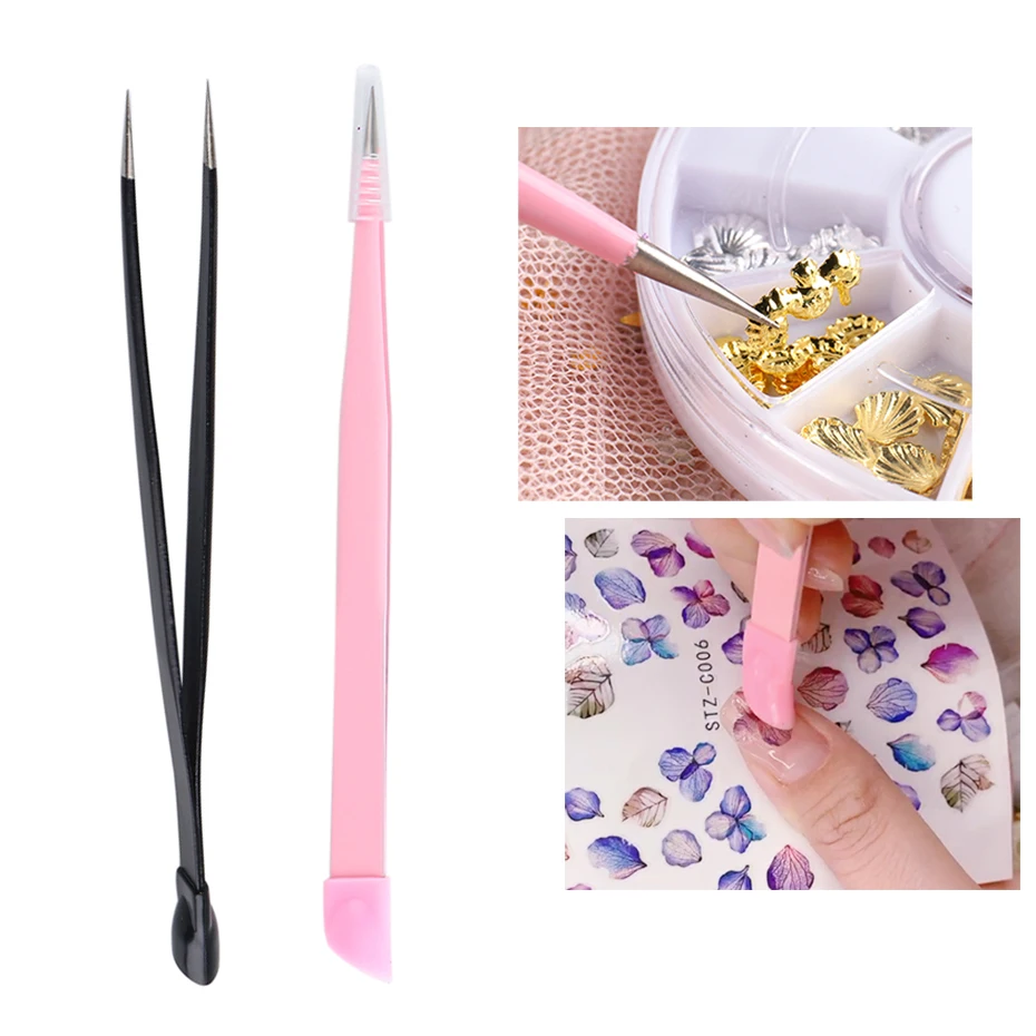 Professional Two Headed Nail Tweezer Sharp Straight Silicone Pressed Head Nipper For Sticker Decoration Manicure Tools BESN01-02 | Красота и