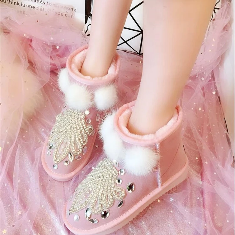 2019 Зима Новый Ручной Работы Стразы кожаная короткая труба зимние ботинки женские