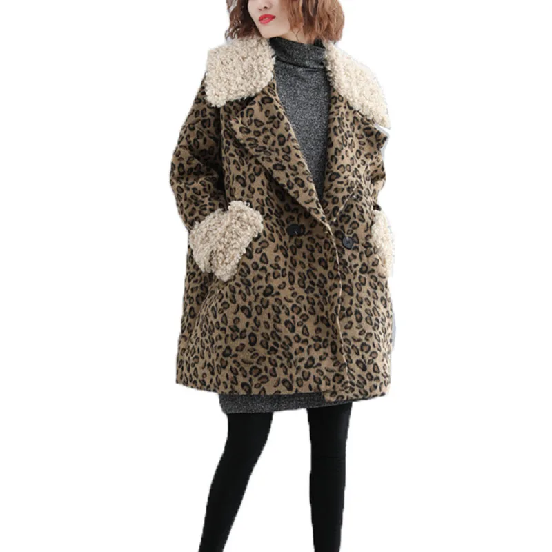 

Fashion Women's Leopard Blended Woolen Coat Big Fur Collar Lamb Wool Coats Ladies Autumn Winter Keep Warm Coat Outwear 2020