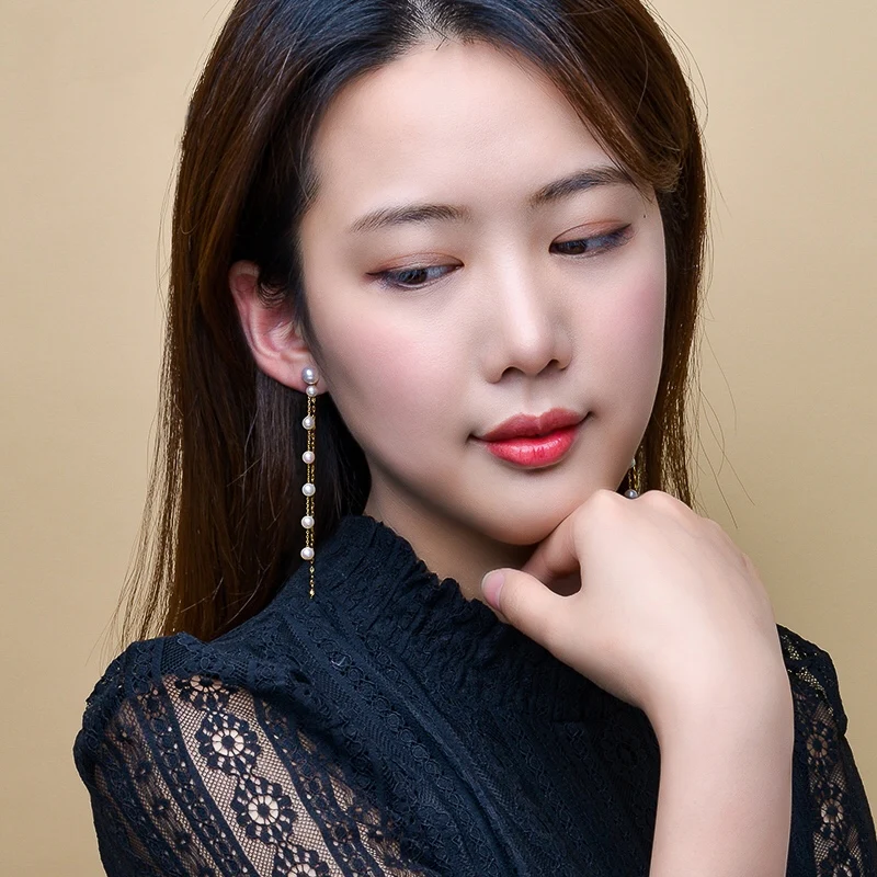 

18K Solid Yellow Real Gold Jewelry(AU750) Women Fairy Ear Line Chain Long Earrings Natural Pearl A changeable Fashion Lady